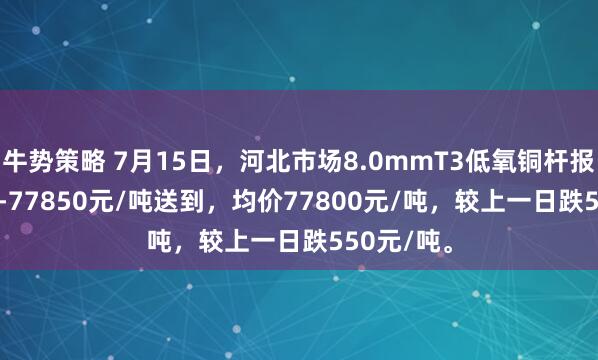 牛势策略 7月15日，河北市场8.0mmT3低氧铜杆报价77750-77850元/吨送到，均价77800元/吨，较上一日跌550元/吨。
