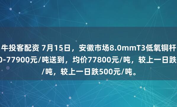 牛投客配资 7月15日，安徽市场8.0mmT3低氧铜杆报价77700-77900元/吨送到，均价77800元/吨，较上一日跌500元/吨。